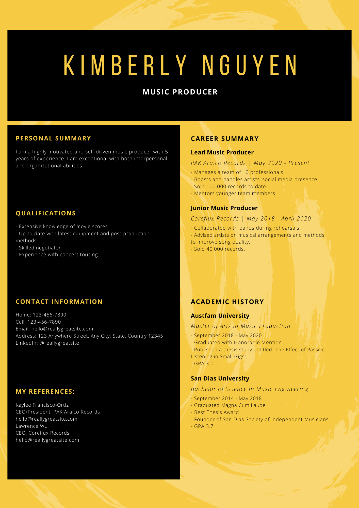Yellow and Black Abstract Creative Resume