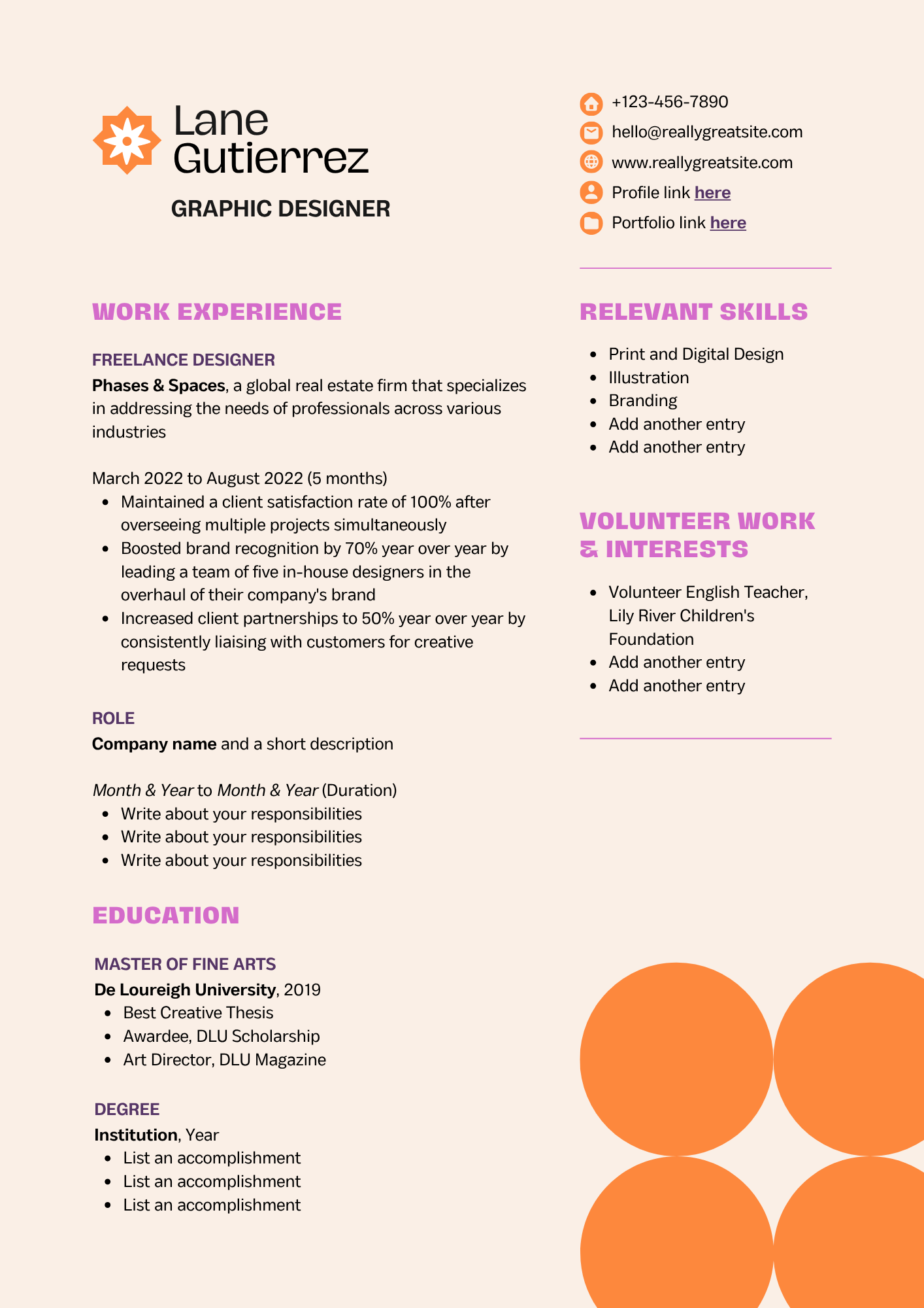 Brand Designer Resume in Cream Orange Magenta Bold Modern Style