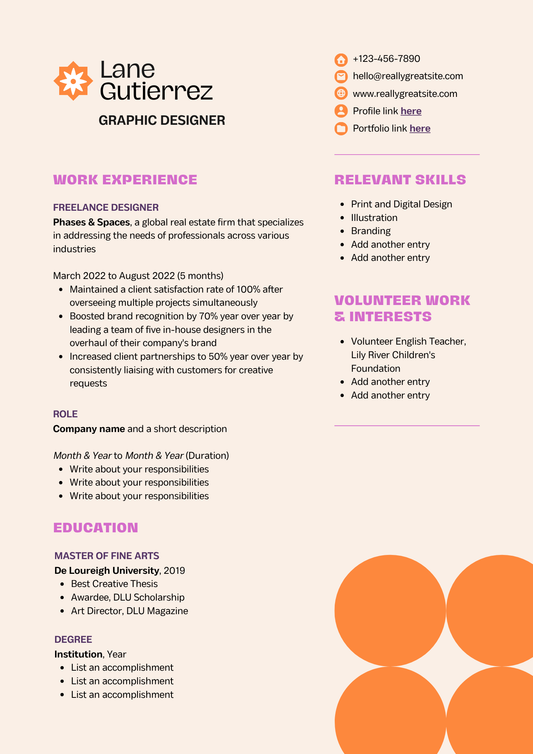 Brand Designer Resume in Cream Orange Magenta Bold Modern Style