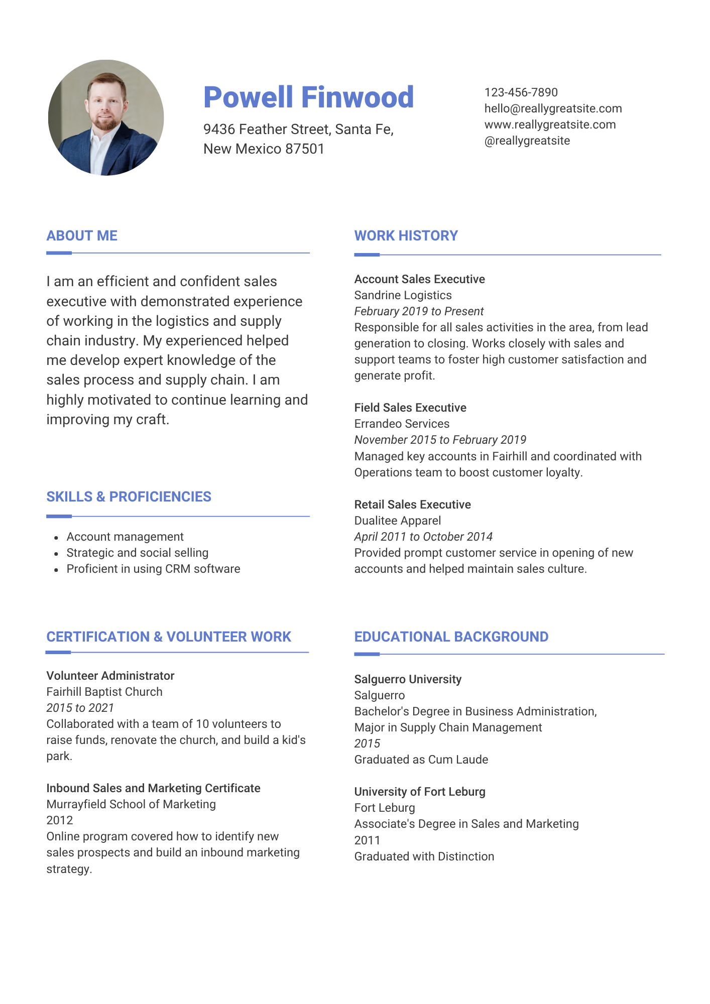 White and Blue Clean Lines Sales Executive Resume