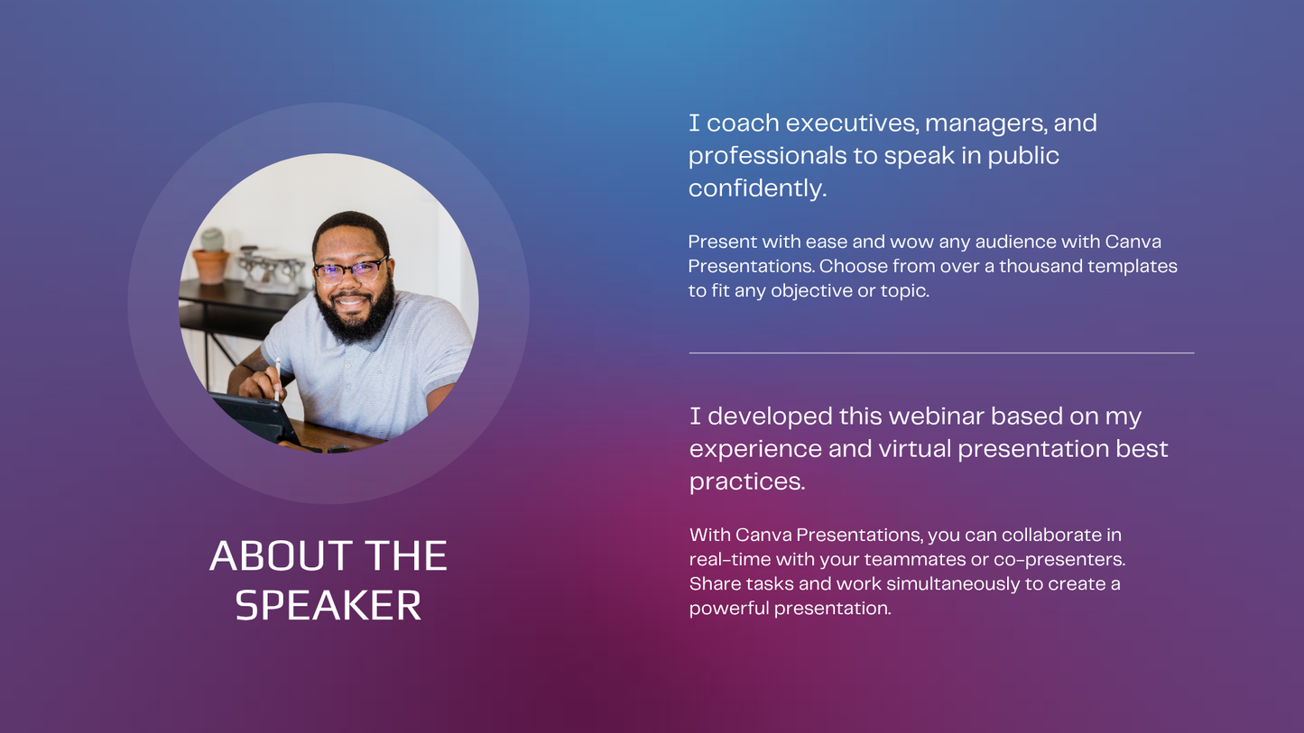 Purple and Black Gradient Presentation Skills Workshop Webinar Keynote Presentation