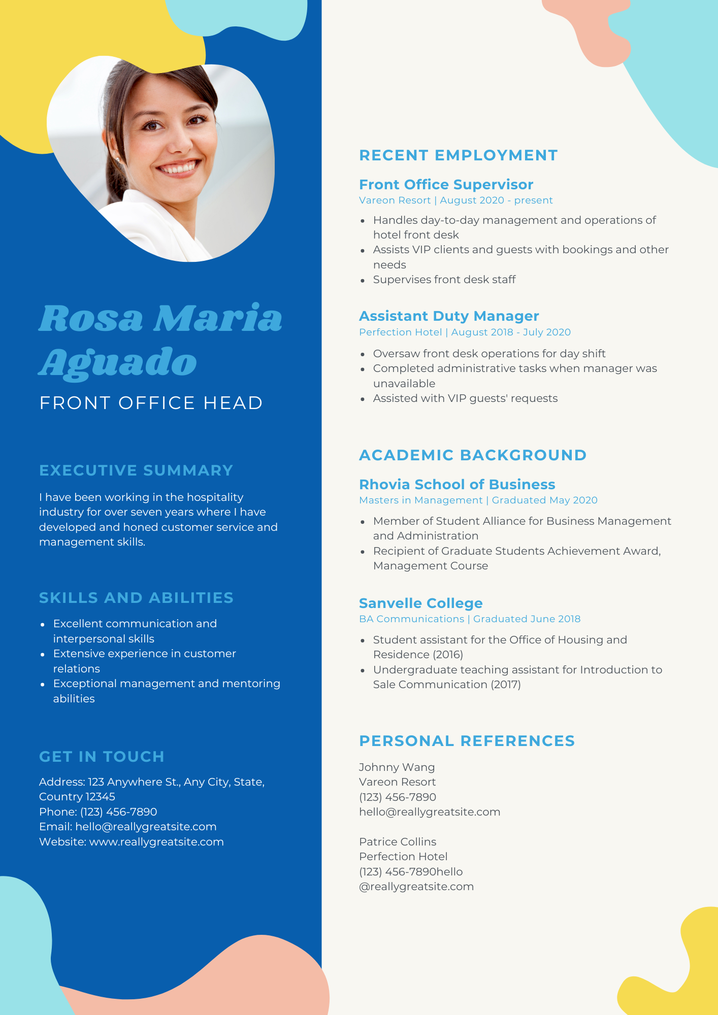 Blue and Grey Playful Front Office Supervisor Hospitality Resume