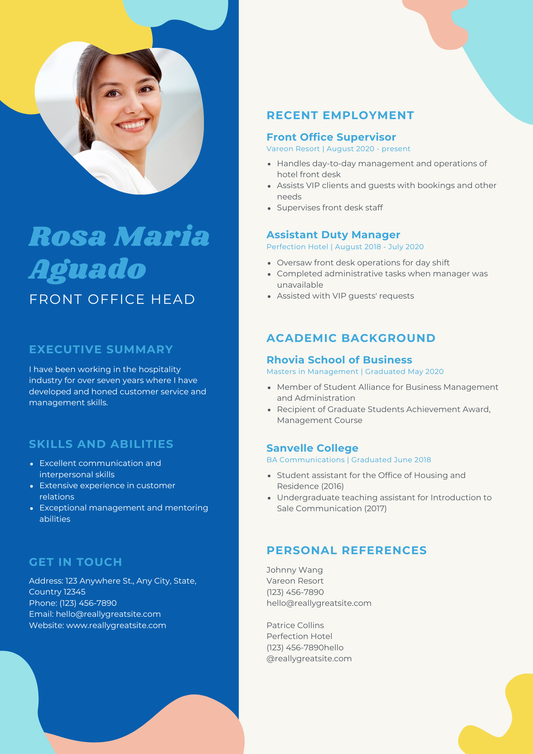 Blue and Grey Playful Front Office Supervisor Hospitality Resume