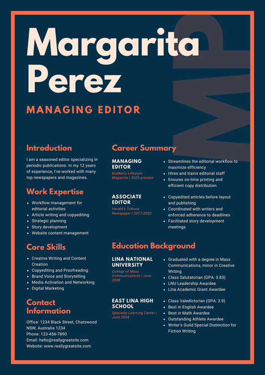 Blue and Orange Corporate Journalism Resume