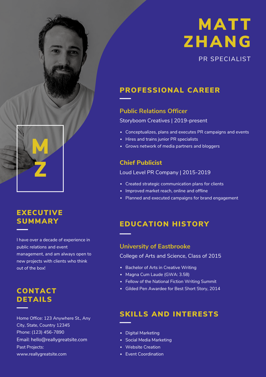 Blue and Yellow Flat Design Public Relations Specialist Journalism Resume