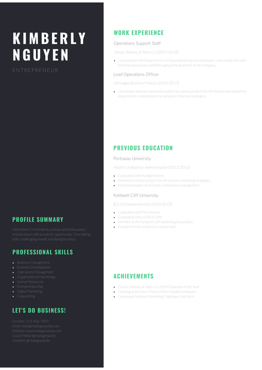 Charcoal and Green Simple Modern Resume