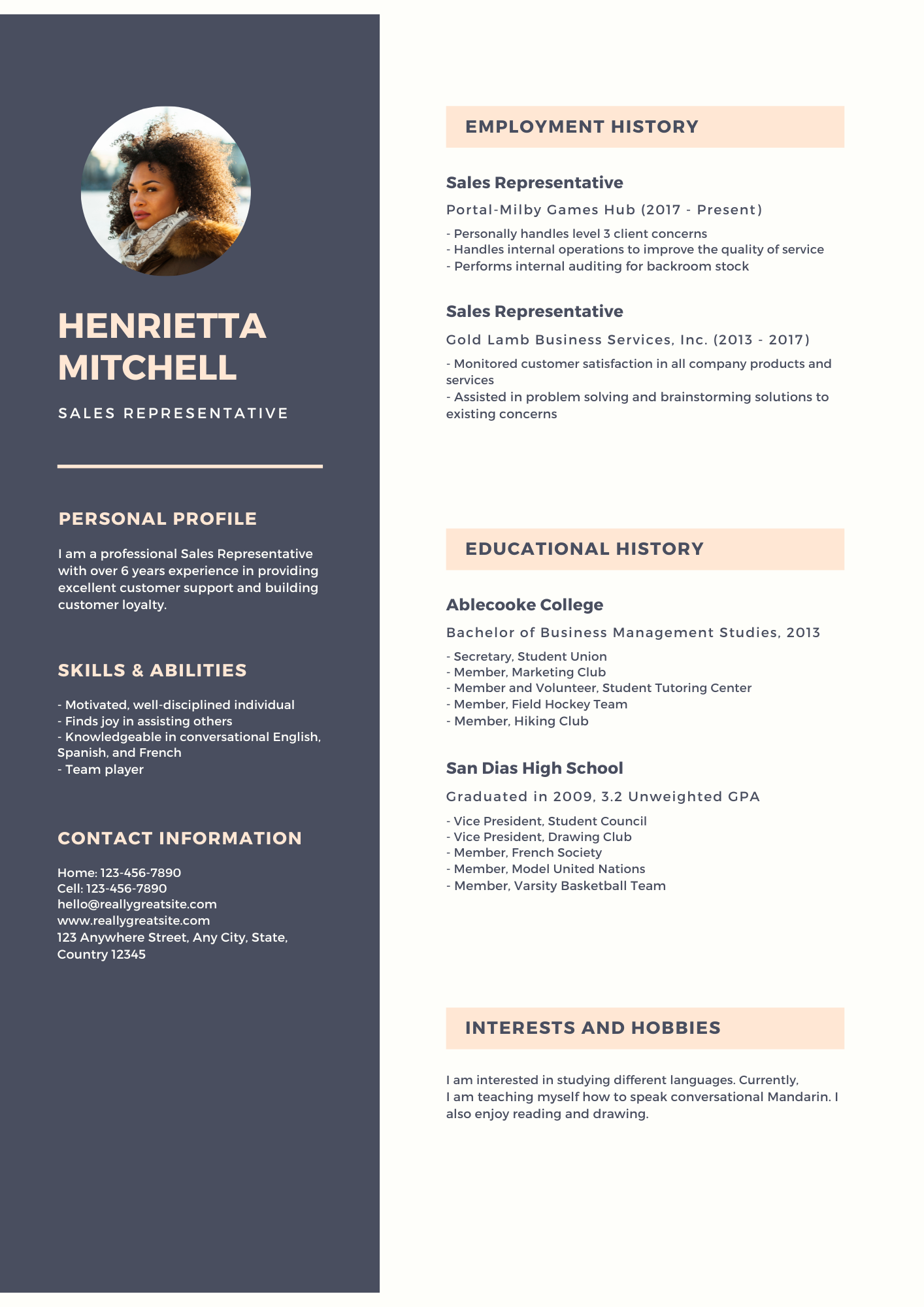 Dark Purple Woman Photo Customer Service Resume