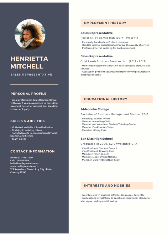 Dark Purple Woman Photo Customer Service Resume