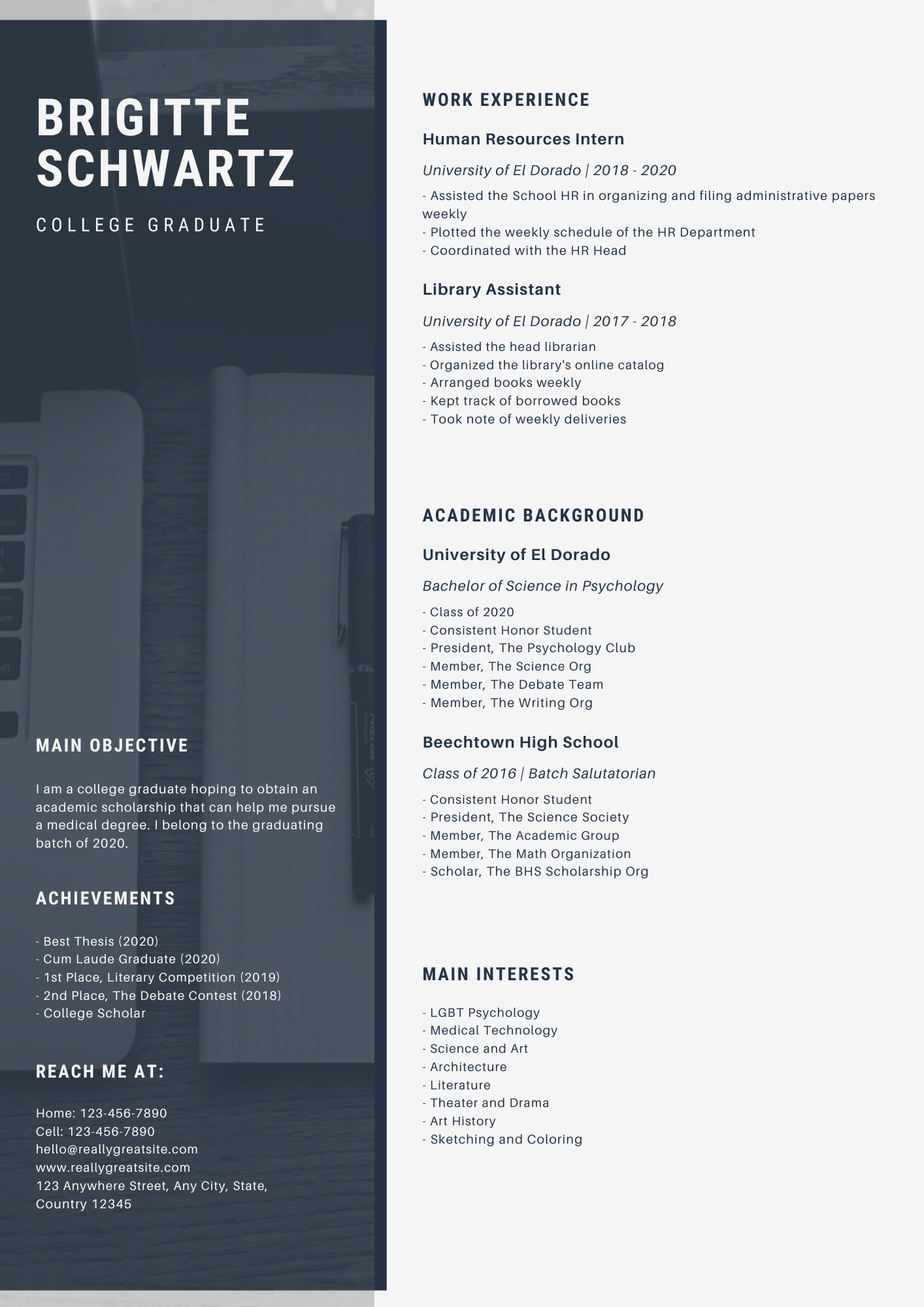 Navy Blue and White Simple Modern Side Photo Scholarship Service Resume