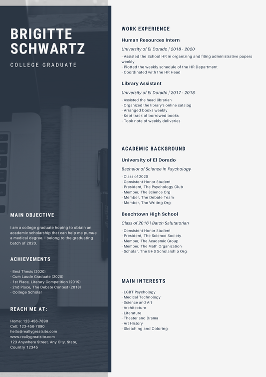 Navy Blue and White Simple Modern Side Photo Scholarship Service Resume