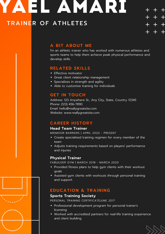 Orange and Black Sports Athletic Trainer Resume