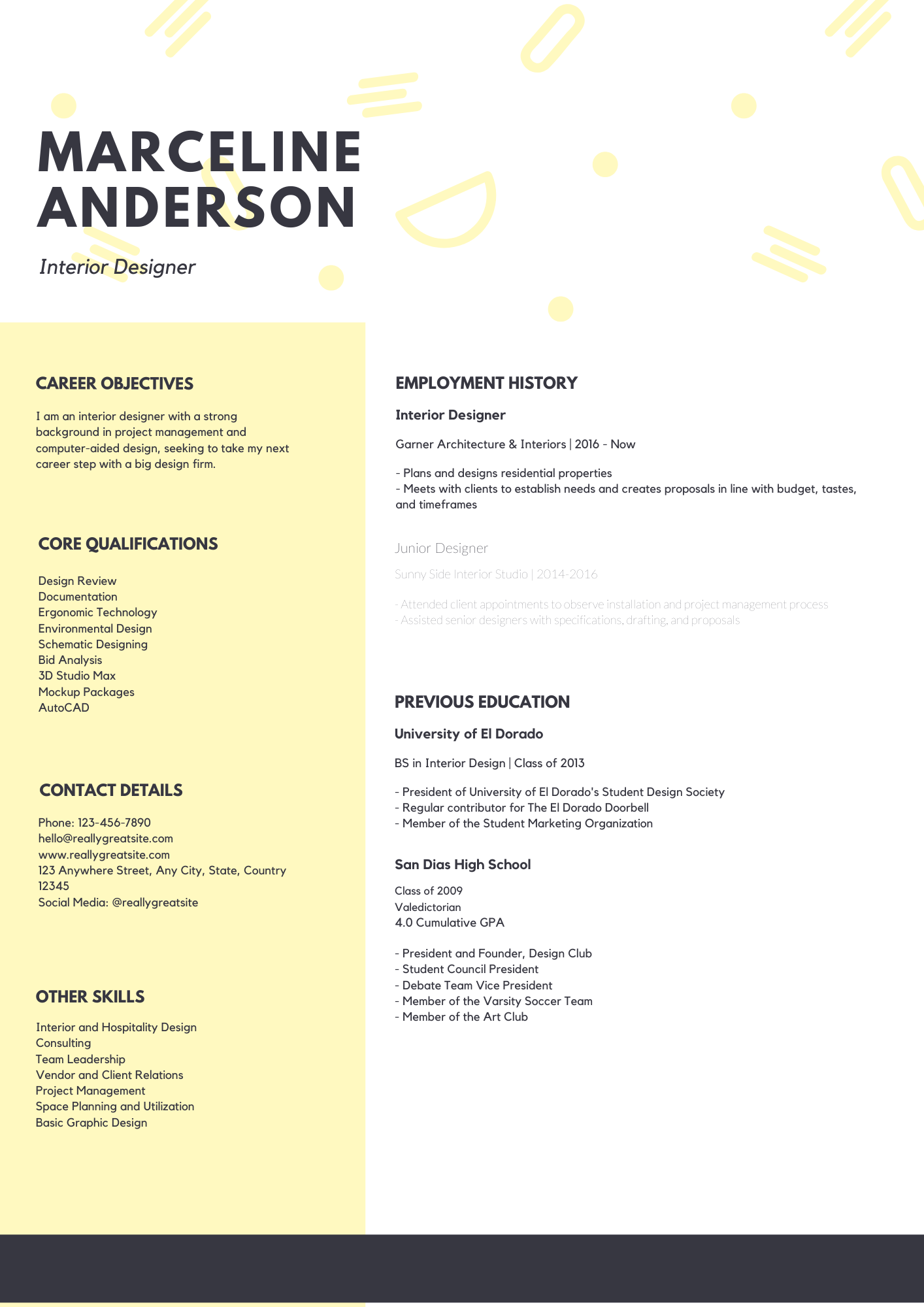 Pastel Yellow Interior Designer Modern Resume