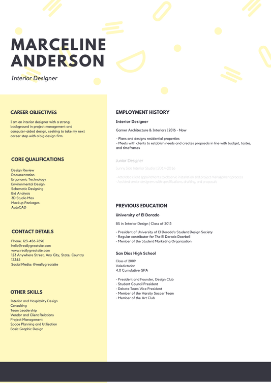 Pastel Yellow Interior Designer Modern Resume