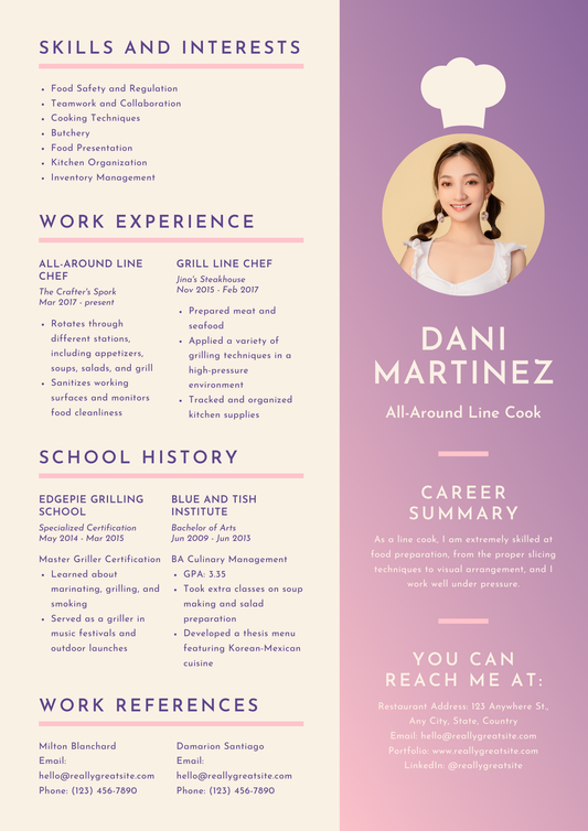 Purple and Cream Line Cook Food and Dining Resume