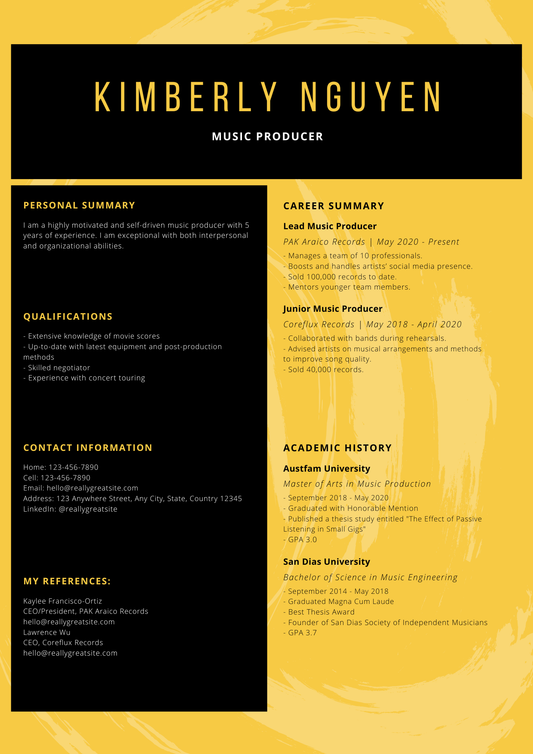 Yellow and Black Abstract Creative Resume
